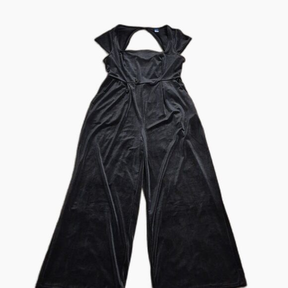 Old Navy Velvet Jumpsuit L BlackJack Wide Leg Keyhole Back Cap Sleeves NWT - Picture 1 of 12